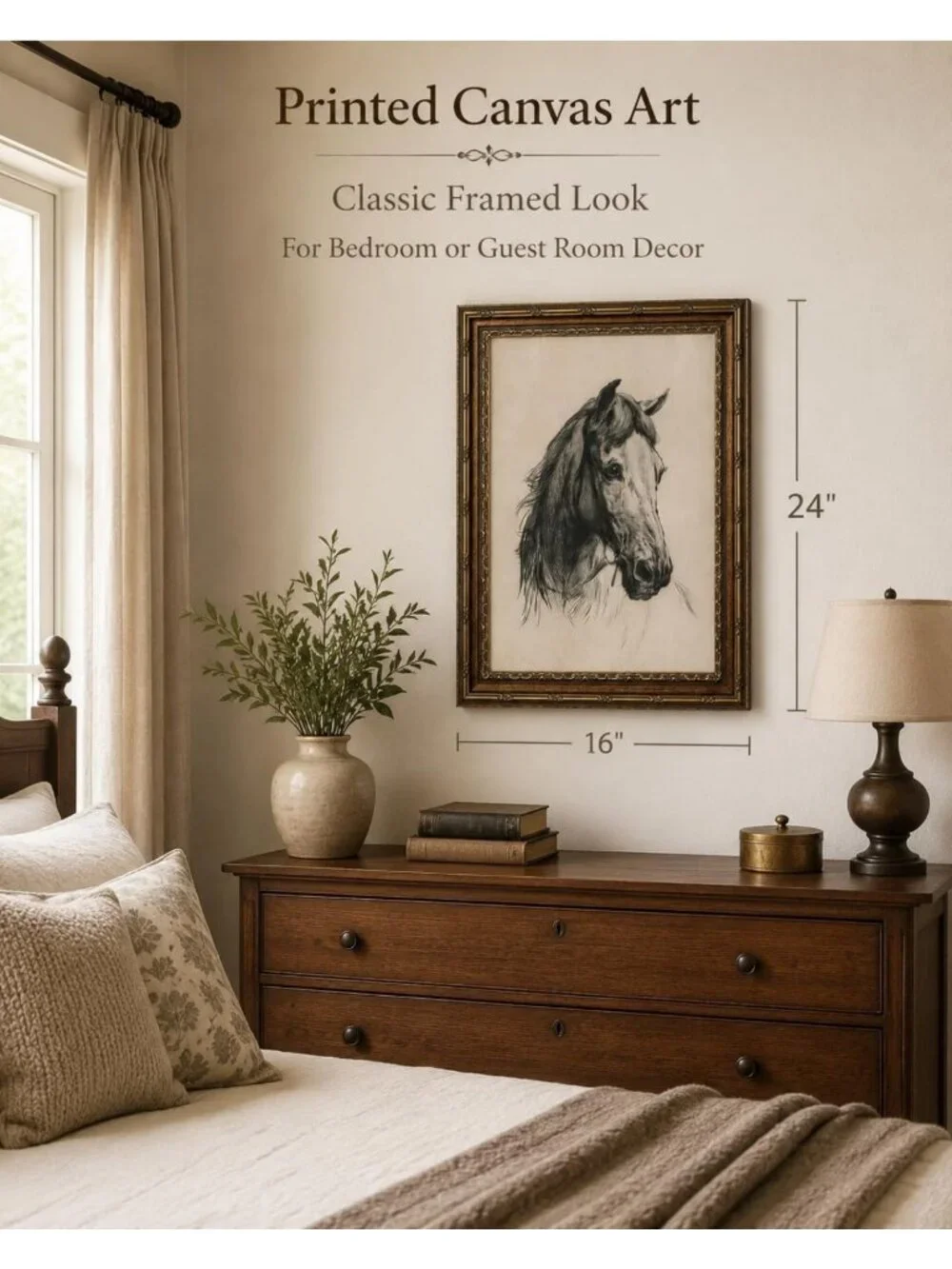 Elegant Gold Framed Horse Head Sketch Wall Art | Equestrian Canvas Print 16x24